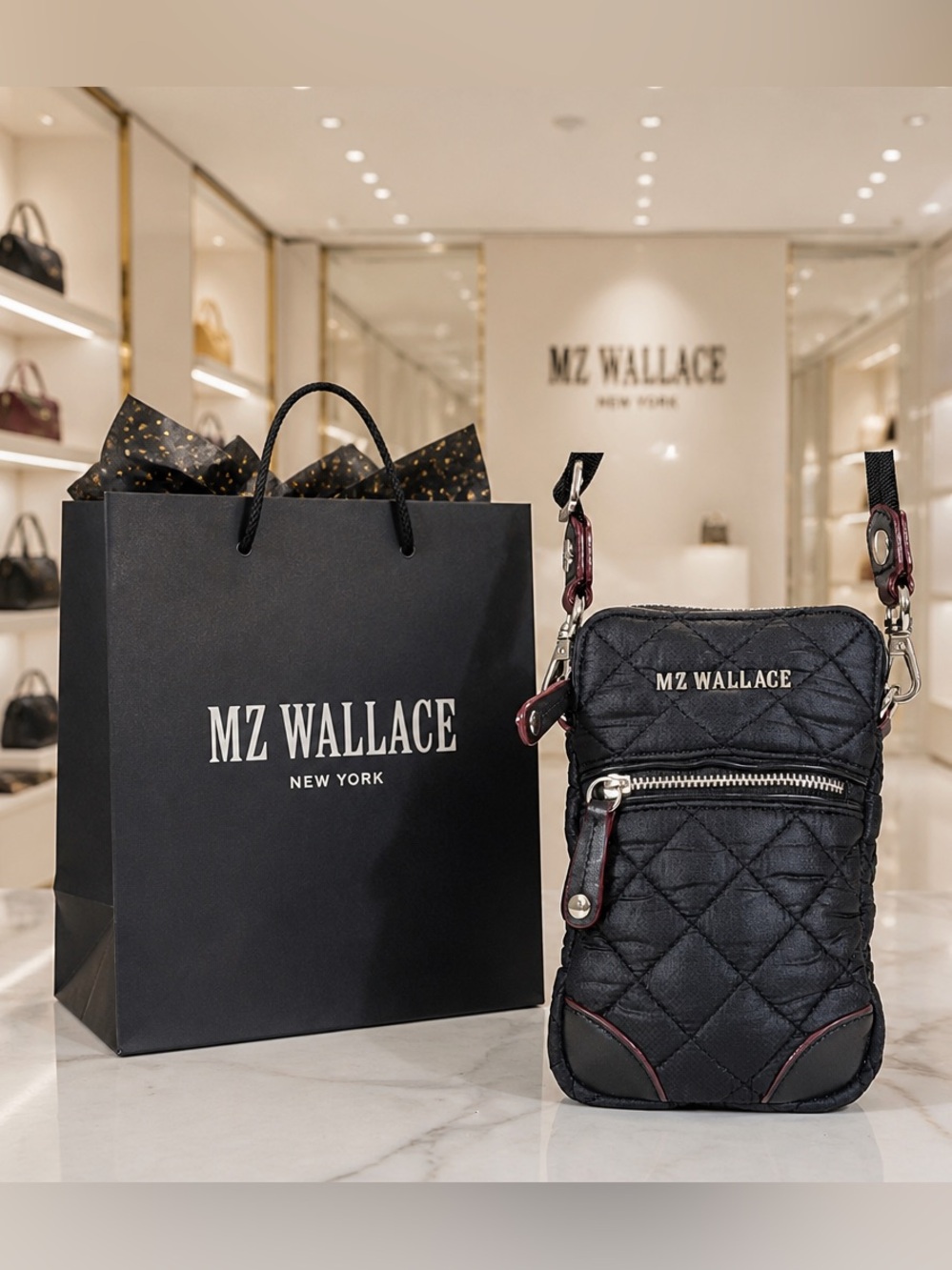MZ Wallace Black Quilted Crossbody Phone Pouch